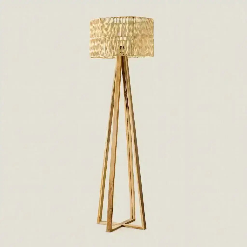 Wooden Tripod Floor Lamp with Woven Rattan Shade