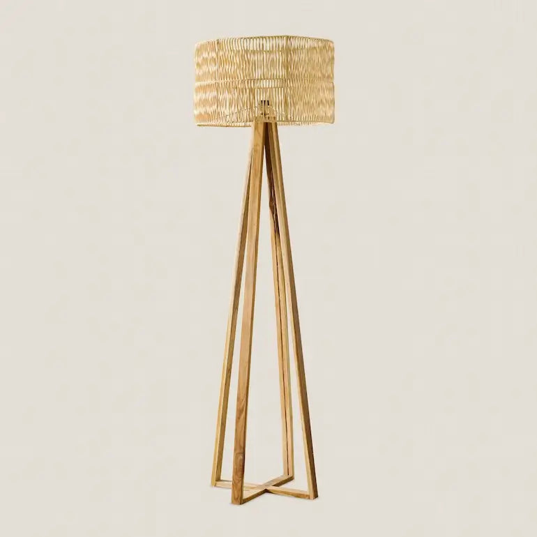 Wooden Tripod Floor Lamp with Woven Rattan Shade - Home and Soul