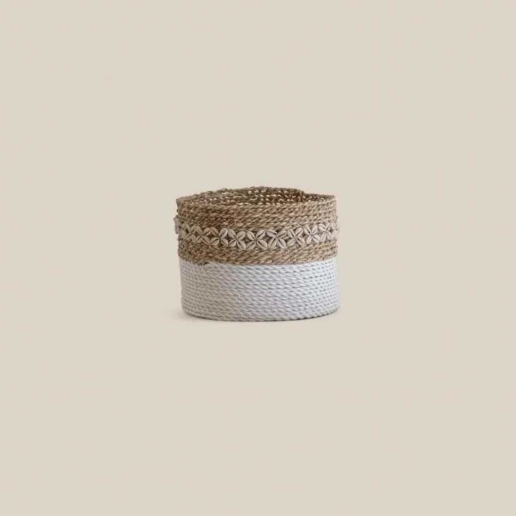 White Basket With Shell Small - Home and Soul