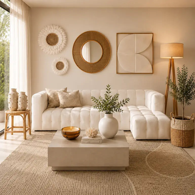 Light and airy minimalist living room with neutral summer home decor