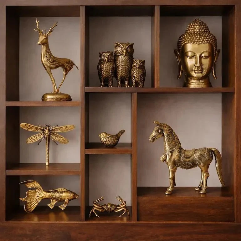 Open shelving with curated shelf decor and books in modern living room