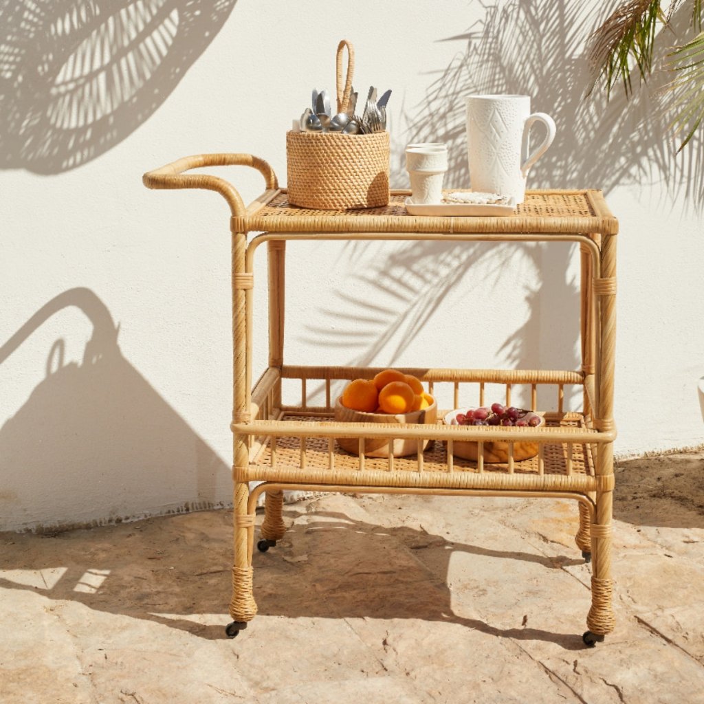 Rattan serving trolley used as a coffee corner on a Dubai terrace