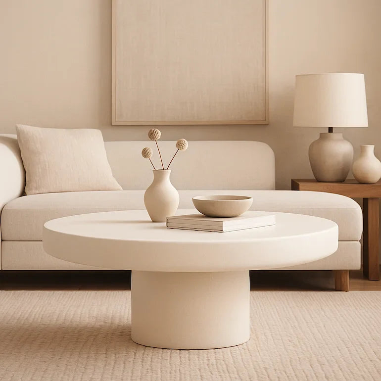 Concrete and wooden coffee tables in a modern Dubai living room 2026