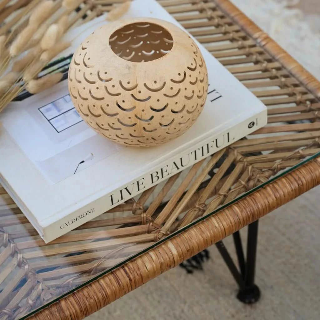 Rattan coffee table design with eco-friendly furniture in cafe