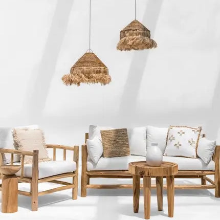 Wood and rattan furniture mixed in a boho Dubai living room