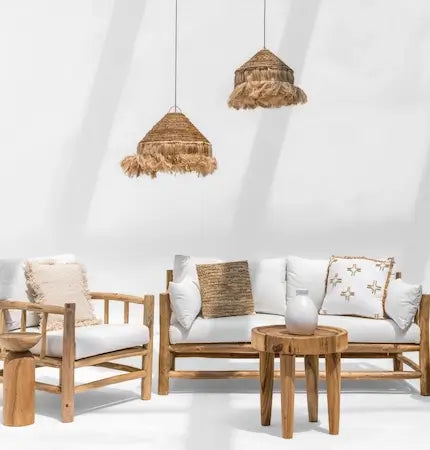 Wood and rattan furniture mixed in a boho Dubai living room