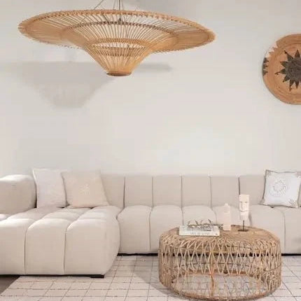Boho lighting ideas with rattan pendant light and lamps in a living room