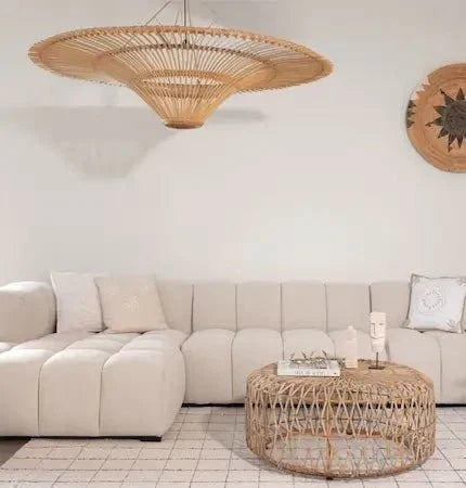 Boho lighting ideas with rattan pendant light and lamps in a living room