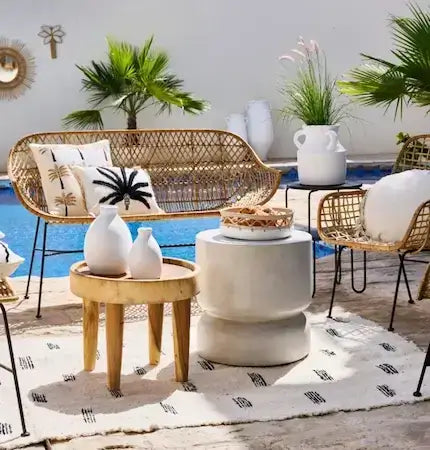 Bohemian outdoor sofa set with natural rug Dubai