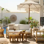 Boho outdoor sofa set with wooden coffee tables