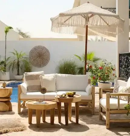 Boho outdoor sofa set with wooden coffee tables