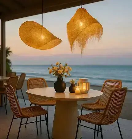 Dining area with wicker chairs, a round table, and hanging woven lamps