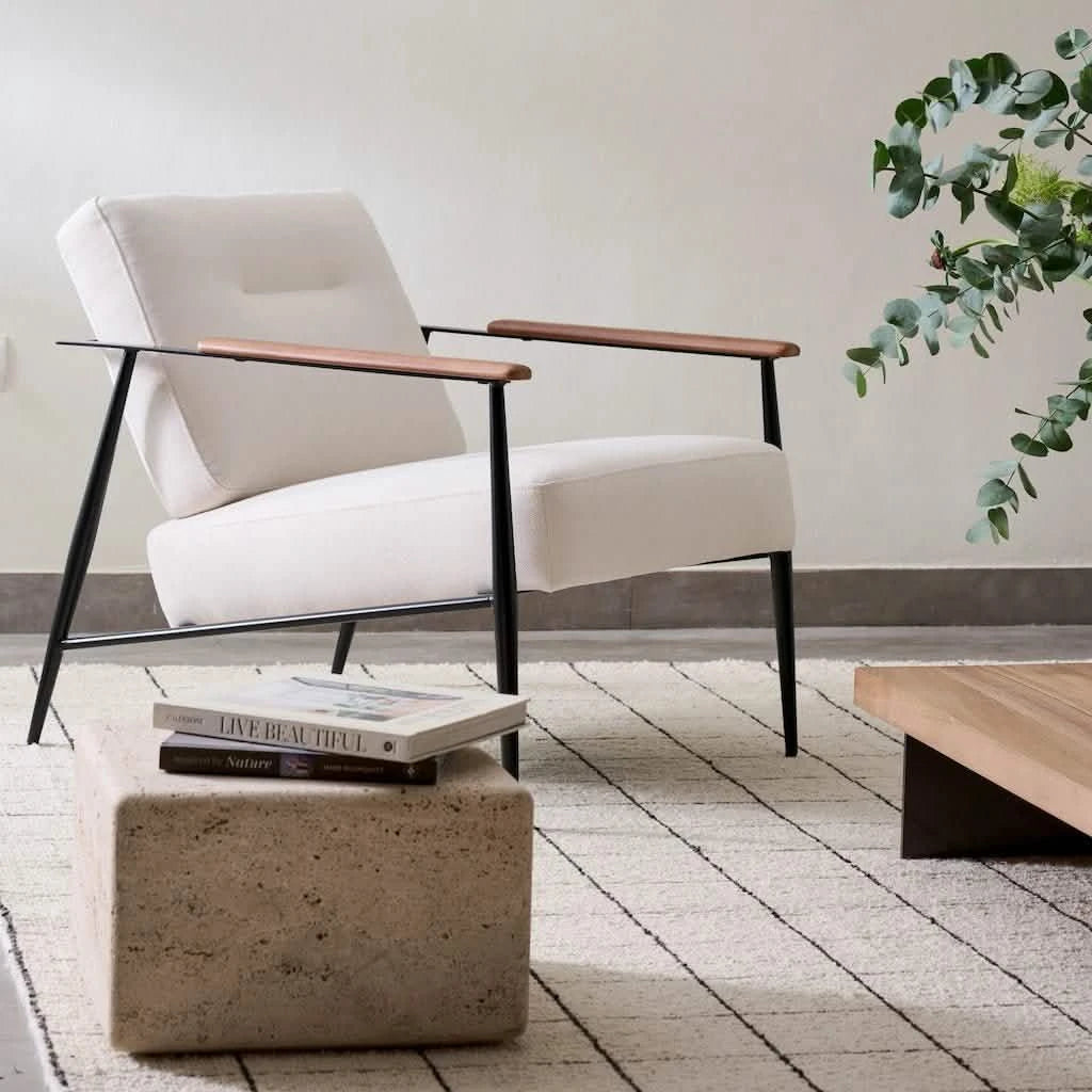 Modern White Armchair - Brussels - Organic Cotton & Strong Black Iron Legs - Wooden Armrests - For Living Room, Bedroom or Office - Home and Soul Dubai