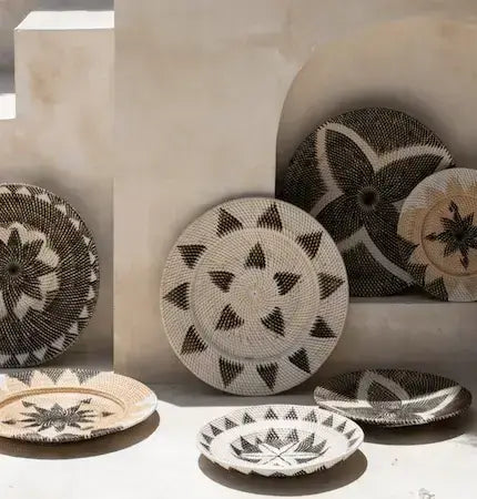Handwoven decorative wall plates in natural tones