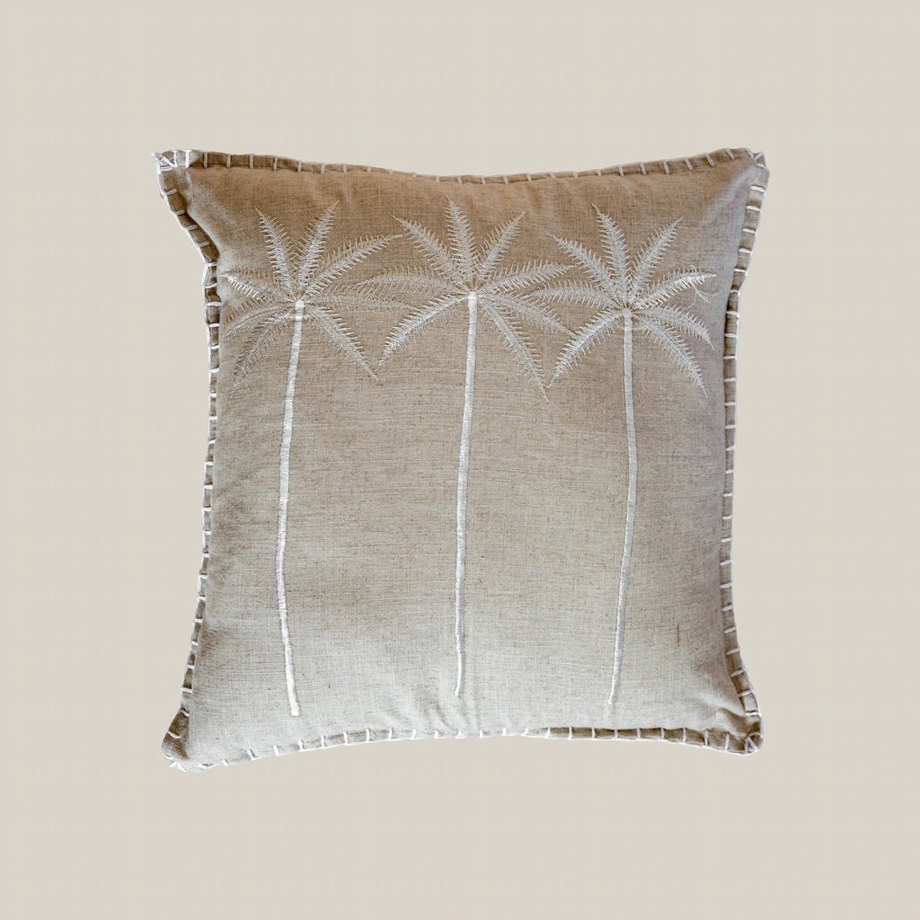 Linen Cushion With Palm Embroidery