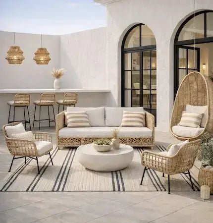 Mediterranean outdoor lounge with rattan furniture, neutral cushions and woven lighting