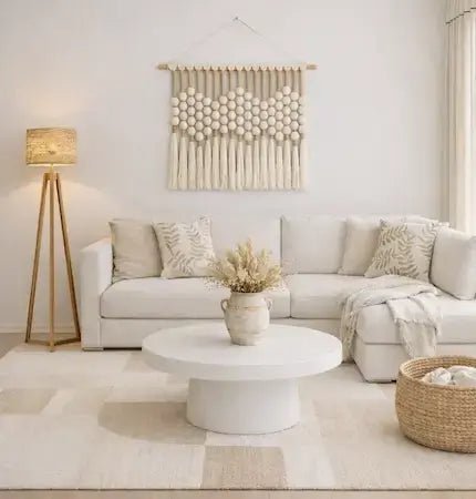 Minimalist beige living room with white sofa, round coffee table and macrame wall decor