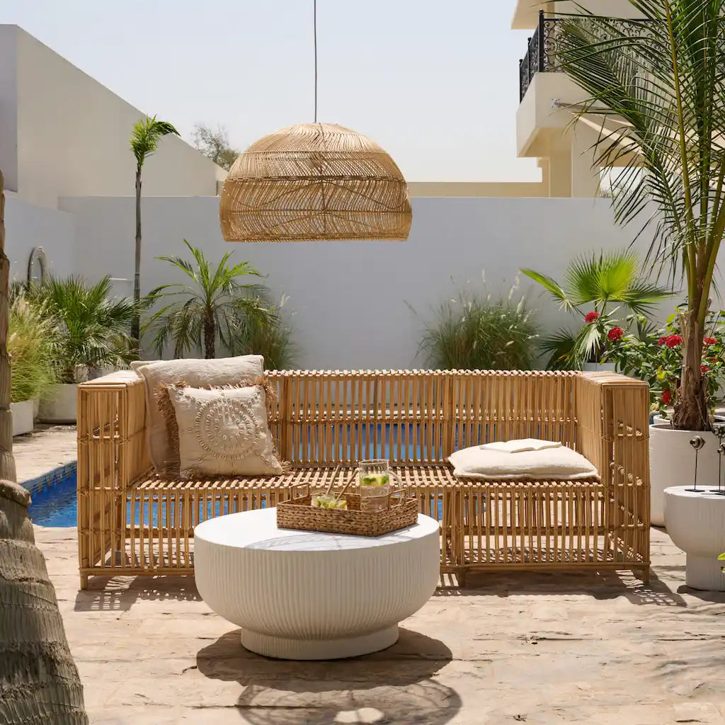 Rattan Sofa with Boho Pendant Lighting