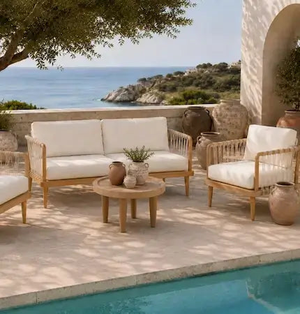 Teak and macrame rope outdoor sofa set with armchairs and coffee table by a poolside terrace in Dubai