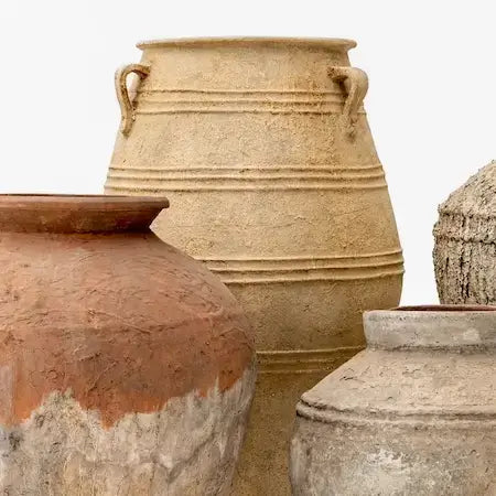 Textured antique terracotta and ceramic decorative vases - rustic Mediterranean pots for home decor in Dubai