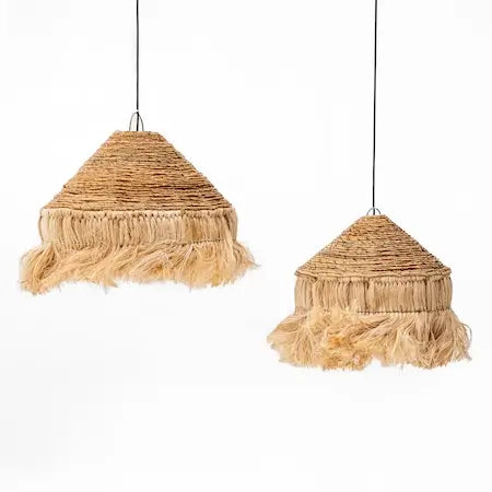 Two natural woven pendant lampshades with raffia fringe on white background