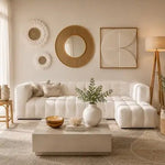White modular corner sofa with wall mirror and floor lamp - luxury living room Dubai