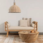 Rattan daybed with woven pendant light and coffee table - boho furniture Dubai