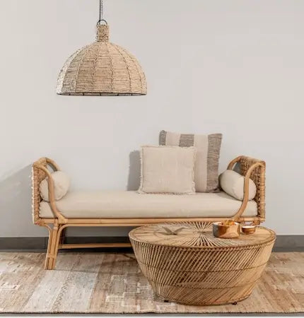 Rattan daybed with woven pendant light and coffee table - boho furniture Dubai